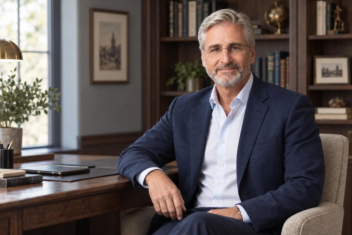 Supplied seated portrait beside a bookshelf