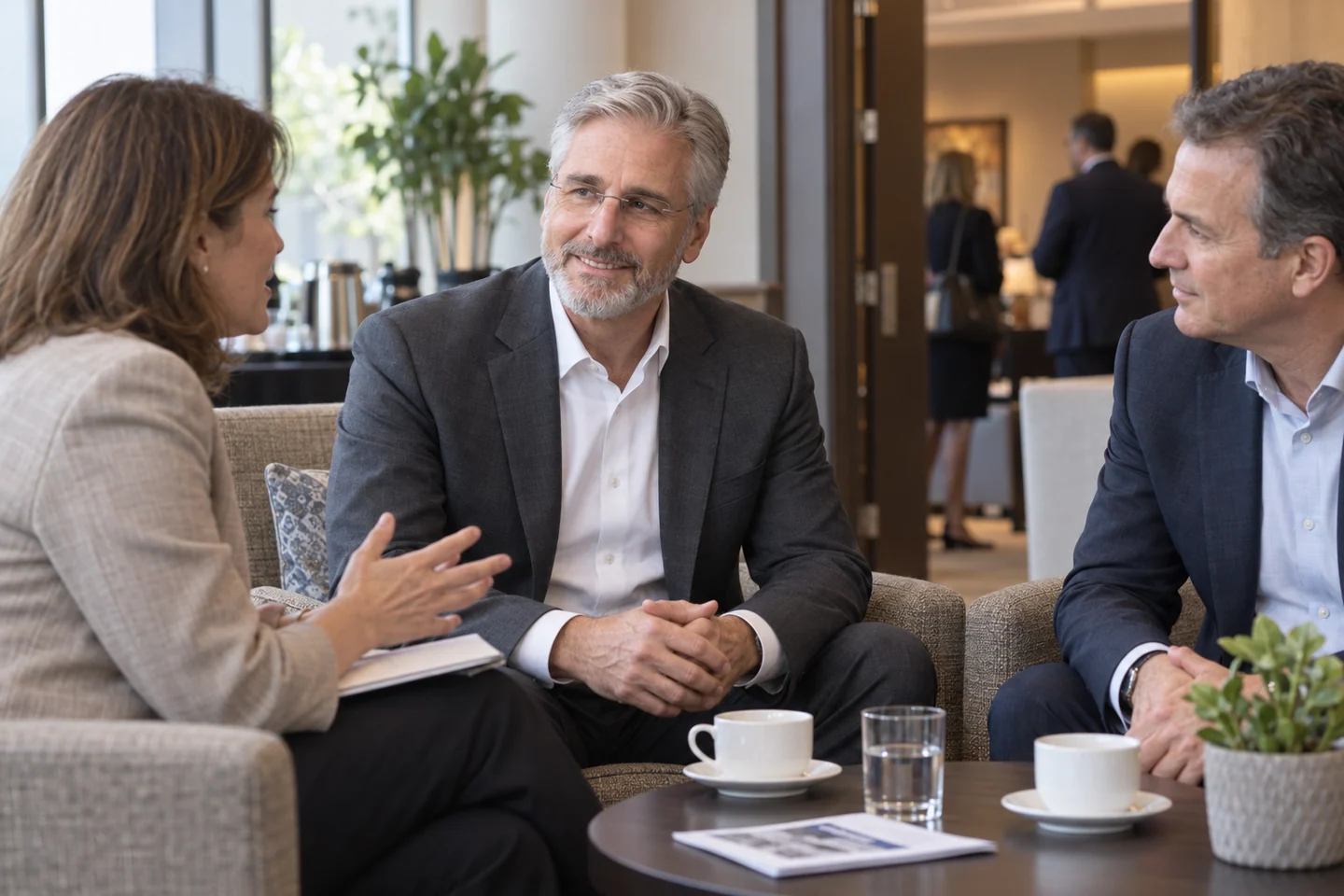 An informal seated conversation in a lounge