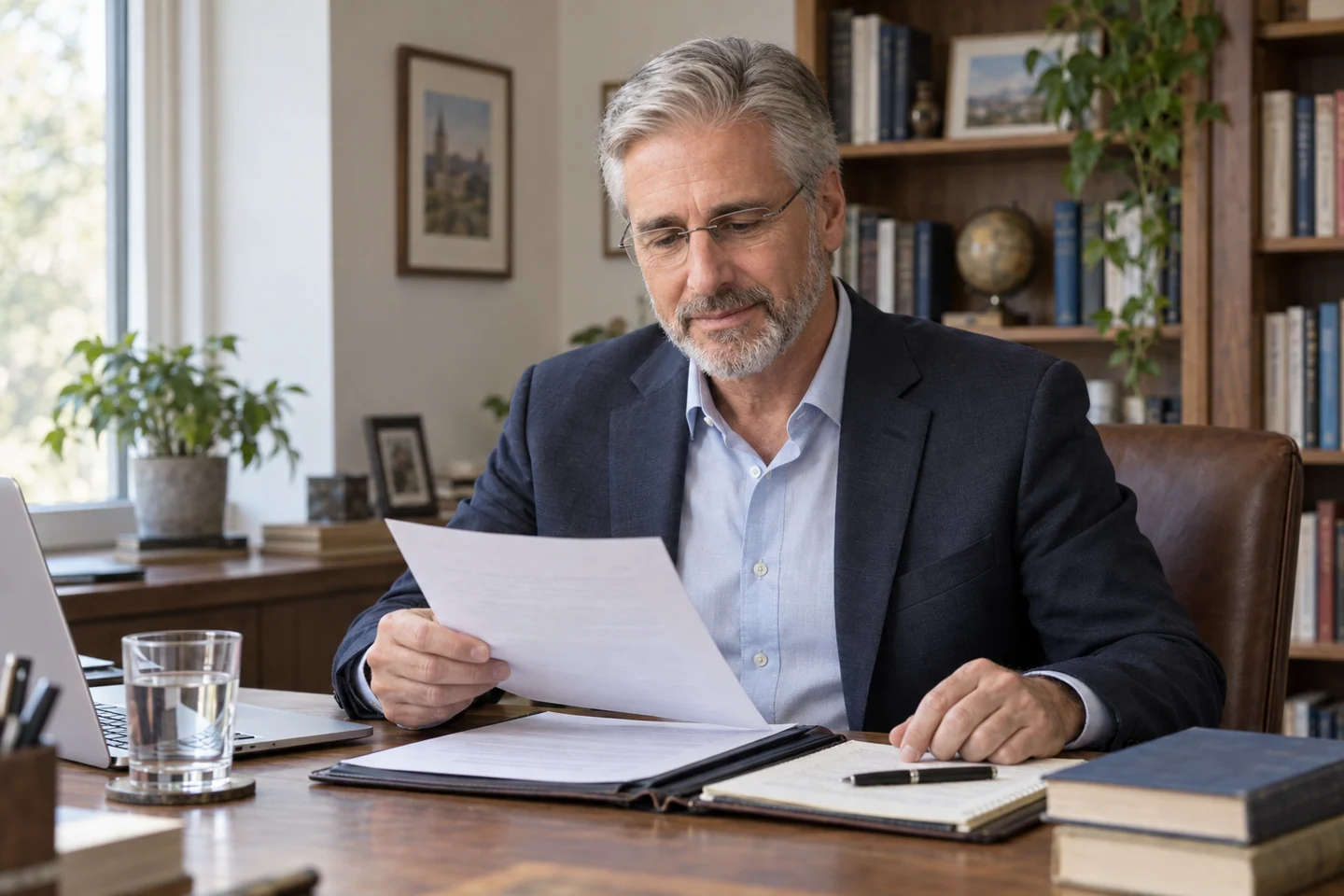 Reading papers at a wooden desk