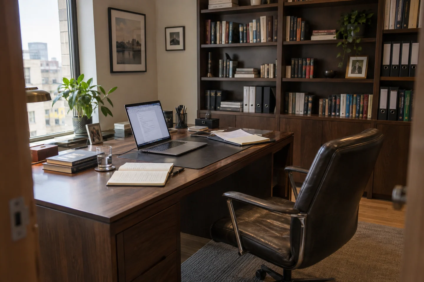 A wooden desk and bookshelves in a sunlit study