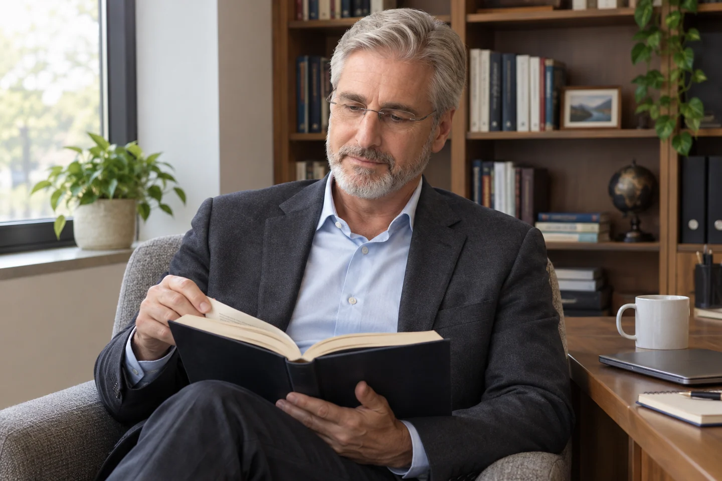 A seated portrait with an open book