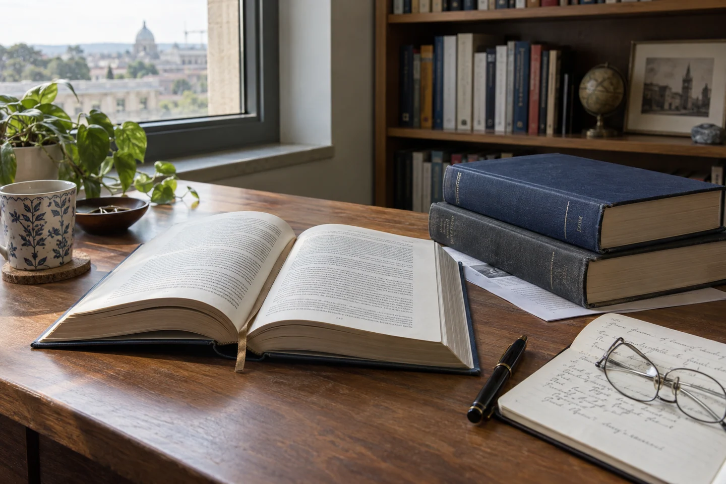 Open books and reading glasses beside a window