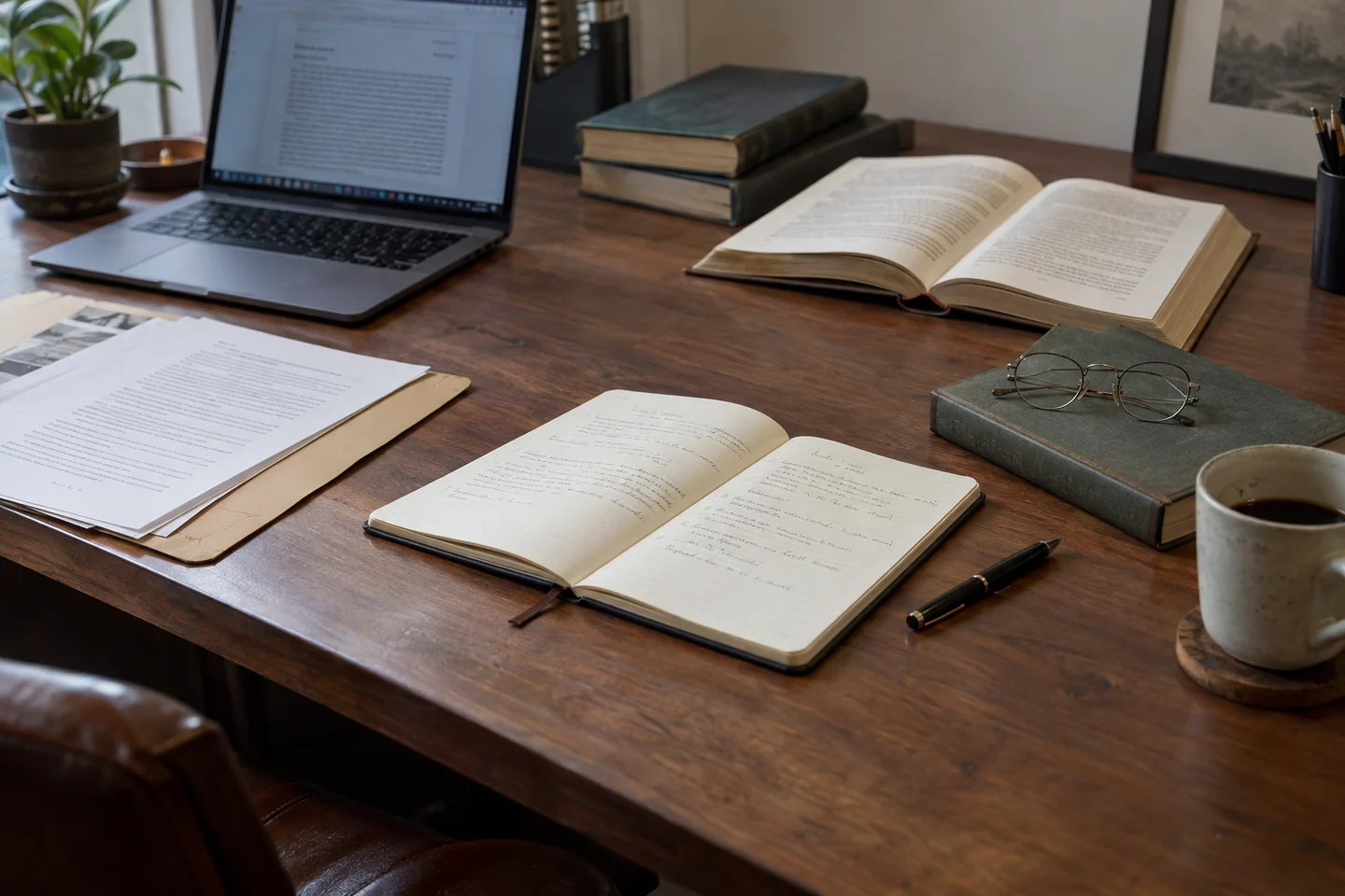 A notebook and reference books on a desk