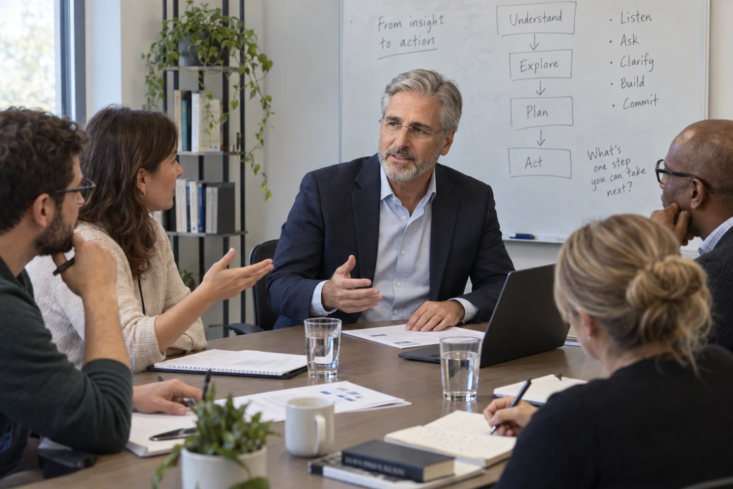 Small-group discussion beside a whiteboard