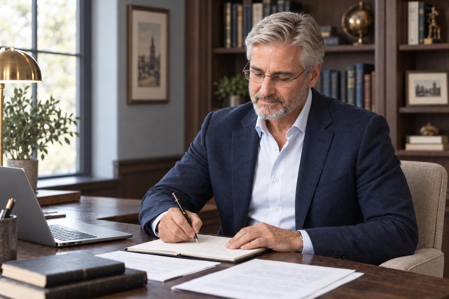 Writing notes in a book-lined study
