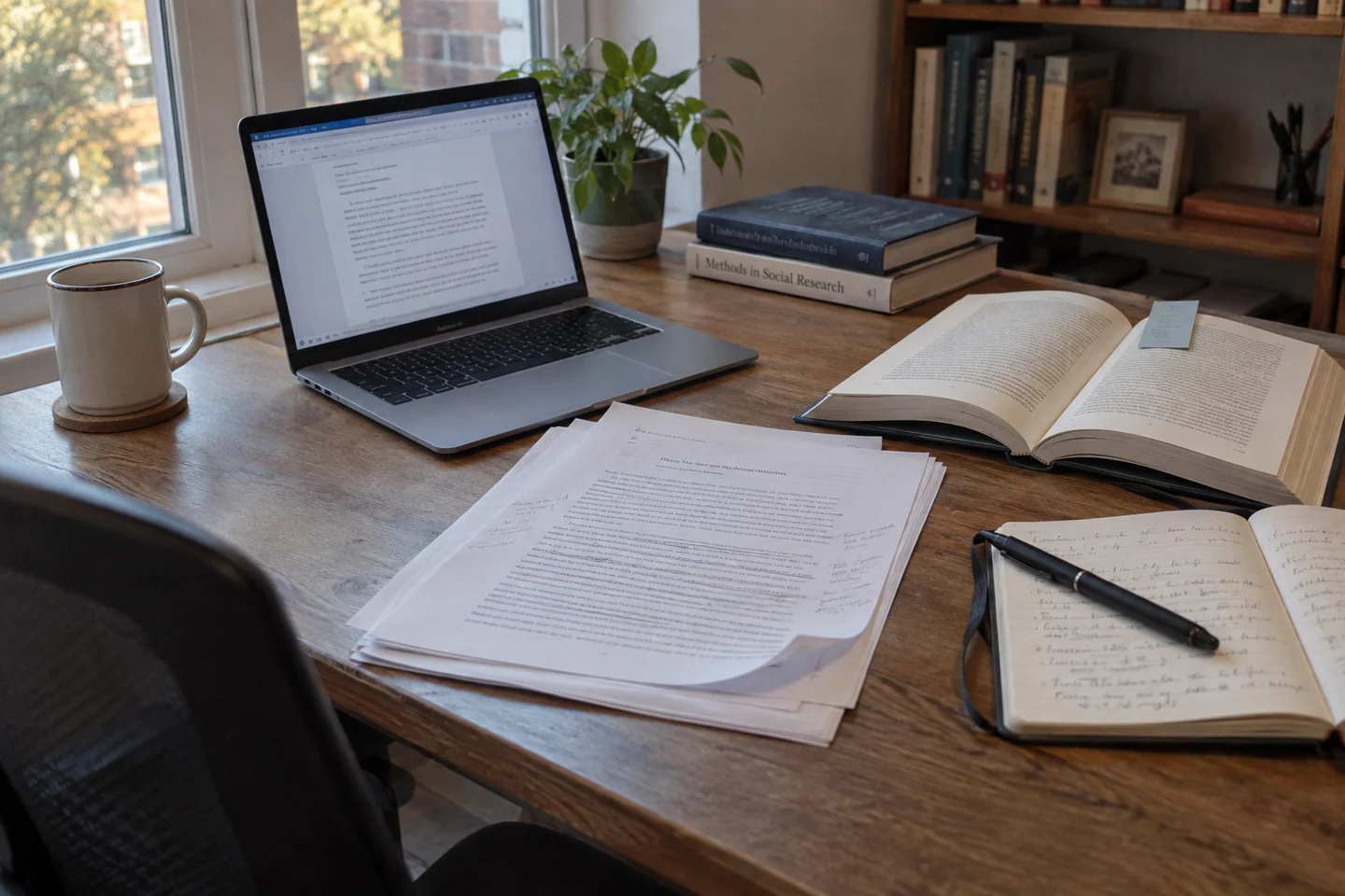 A laptop, papers and books on a working desk